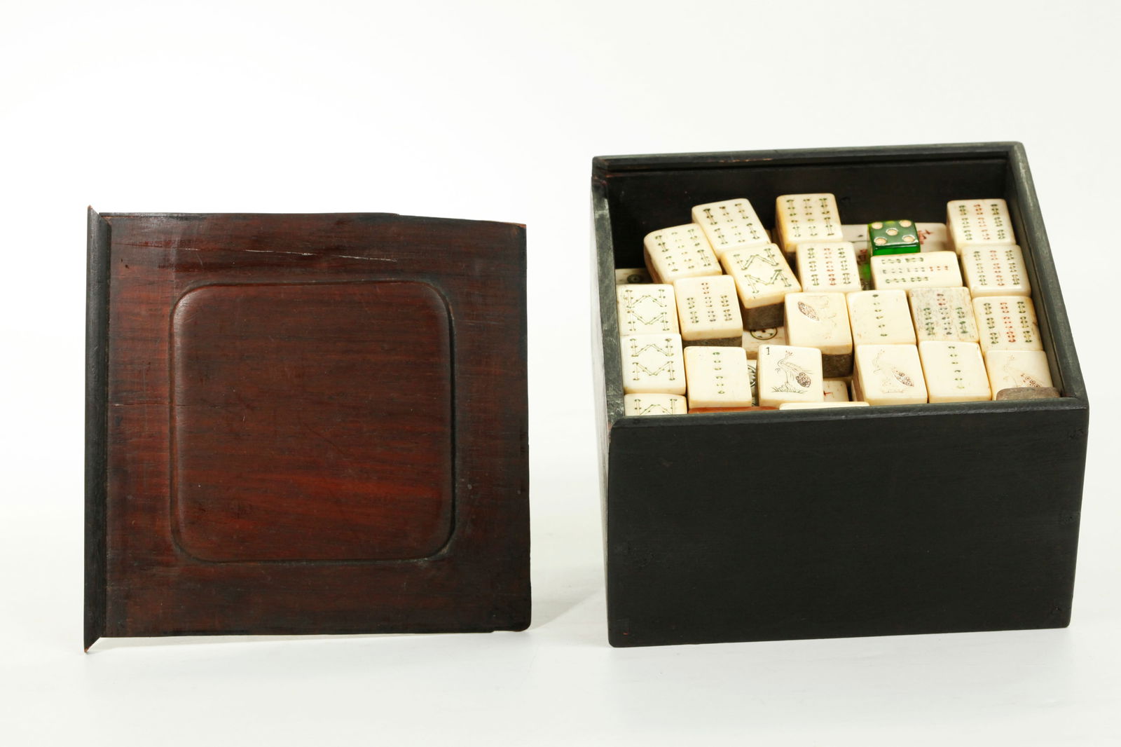 Wood Box Chinese Bone & Bamboo Majong Tiles: Wood Box of approximately 142 Chinese Antique Bone & Bamboo Majong Tiles & 2 green Dice. Height of box 3 1/4 inches X width of box 5 1/2 inches.