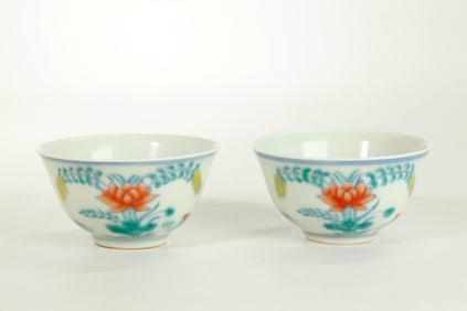 Pr Chinese Doucai Enameled Porcelain Small Cups