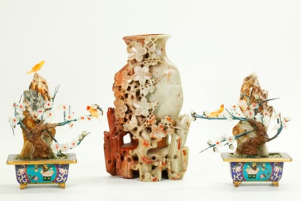 Chinese Shoushan Soapstone Vase; 2 Mini Planters