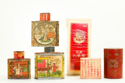 4 Chinese Vintage Tea Canisters; Ginseng & Tea