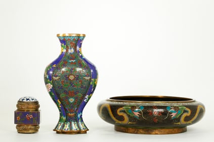 Lg Chinese Cloisonne Dragon Bowl; Vase & Box