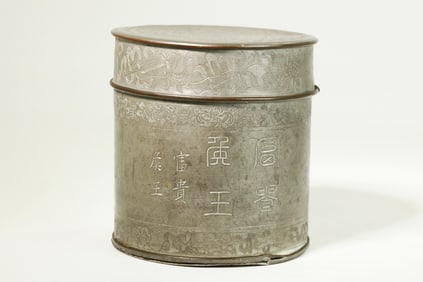 Chinese Pewter Covered Porcelain Tea Jar & Cover