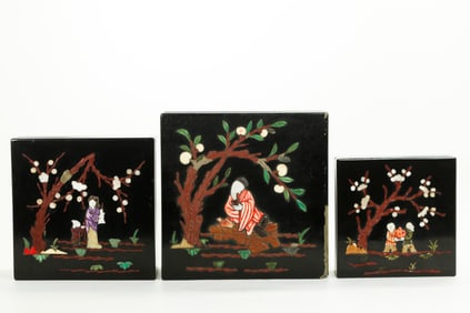 Nest of 3 Chinese Stone Inlaid Black Lacquer Boxes