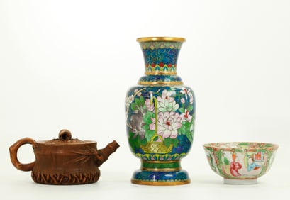 Chinese Cloisonne Vase, Teapot & Porcelain Bowl