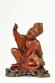 Chinese Carved Wood Buddhist Lohan & Tiger
