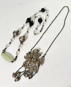 Chinese Silver Boy & Qilin Necklace; Crystal Jade