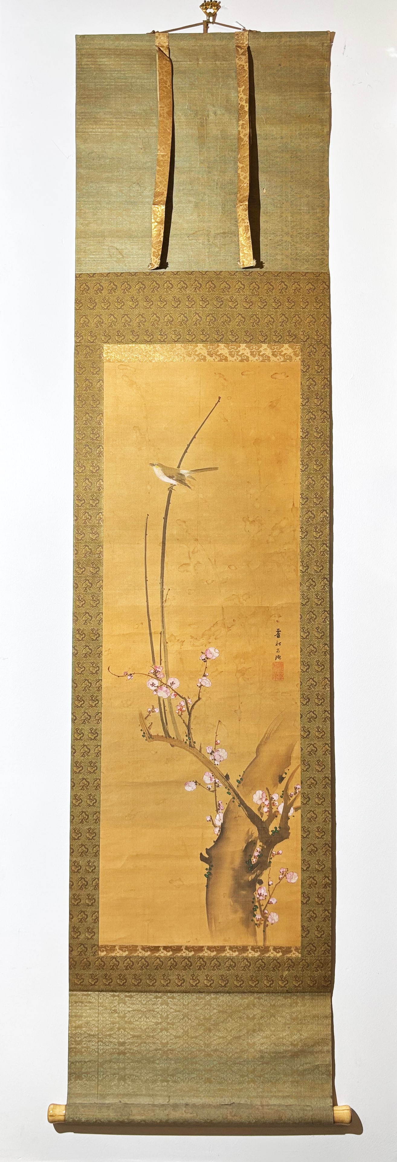 Japanese Ink on Silk Bird Flower Scroll Painting (1 of 5)