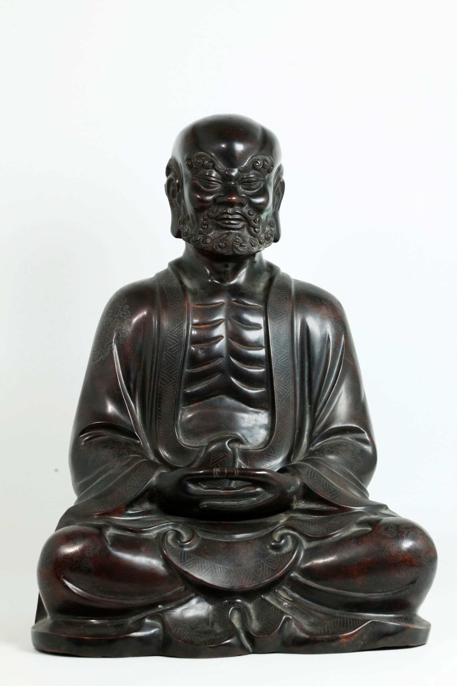 Lg Chinese Meditating Lohan Silver Wire Inlays