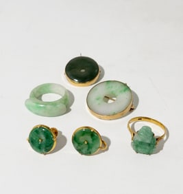 6 Chinese Qing Jadeite Jewels in 14K Yellow Gold