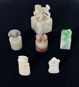 5 Rare Chinese 19th C Jade Seals; 1 Green Jadeite
