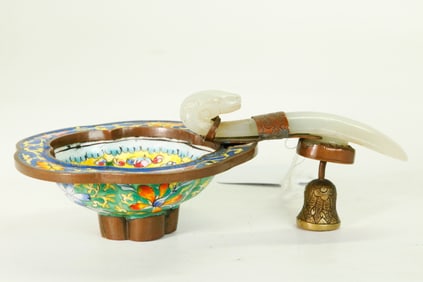 Chinese 18 C White Jade Deer Buckle & Canton Bowl