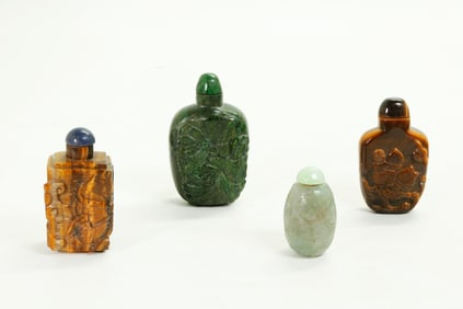 4 Chinese Snuff Bottles Jadeite Tiger Eye Marble