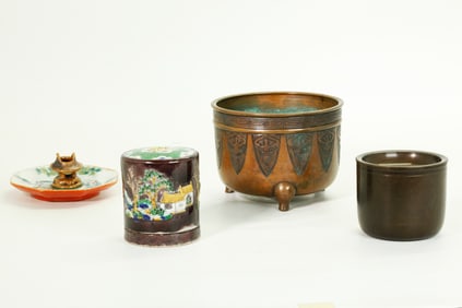 4 Chinese Qing Small Censers: 2 Porcelain 2 Bronze