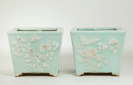 Pr Chinese Qing Pale Celadon Square Planters