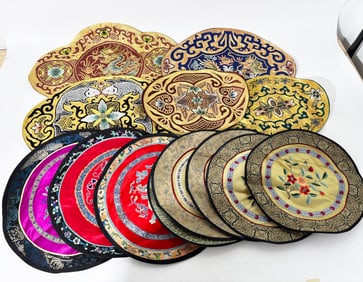 8Chinese Embroidered Silk Round Mats, 5 Oval Mats