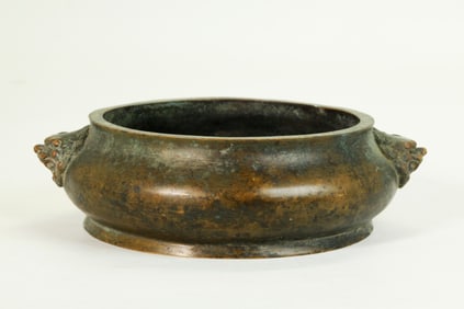 Chinese Bronze Round Censer w Lion Head Handles