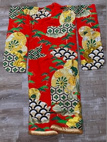 Hand Made Japanese Red & Gold Silk Gown with Belt