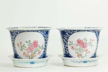 Pr Chinese Blue White & Enamel Porcelain Planters