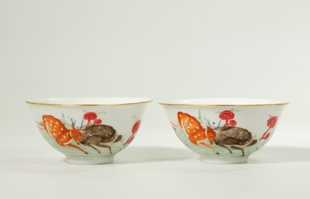 Pr Chinese Famille Rose Porcelain Deer & Bat Bowls