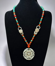 Chinese 19 C Jade Pendant Earrings in Necklace