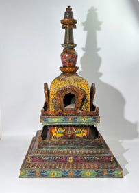 Large Chinese Buddhist Bronze & Cloisonne Stupa