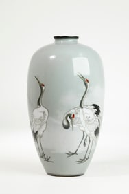 Japanese Silver Wire Shippo Cloisonne Crane Vase