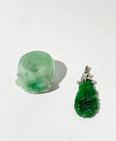 2 Chinese Jadeites Rich Green Pendant Pale Ring
