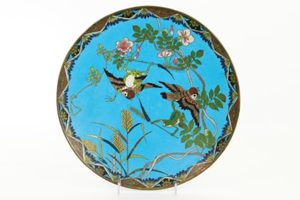 Japanese Bronze Shippo Cloisonne Bird & Frog Plate