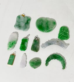11 Chinese Jadeite Pendants, 14K Yellow Gold