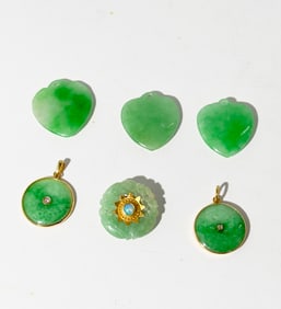6 Chinese Green Jadeite Pendants 2 Diamond 1 Opal