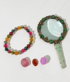 Chinese Green Jadeite & Silver Magnifier; Beads