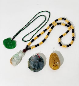 4 Chinese Jadeite Pendants & 2 Bead Necklaces