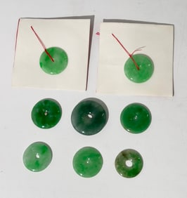 8 Chinese Green Jadeite "Bi" Rings 1 with Diamond