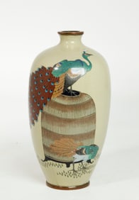 Japanese Silver Wire Shippo Cloisonne Peacock Vase