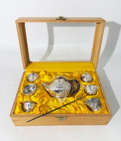 Chinese Silver Teapot & 6 Cups with Storage Box