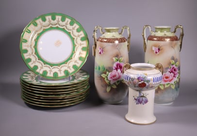13 Japanese Porcelains; 10 Noritake Plates 3 Vases