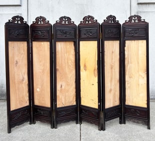 Chinese 6 Panel Carved & Hinged Wood Screen