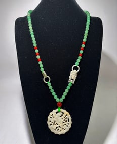 Chinese 19 C Jade Parrot Pendant Agate Necklace