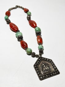 Tibetan/Asian Silver Carnelian Turquoise Necklace