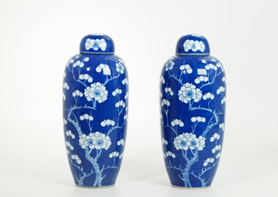 Pr Chinese Blue & White Porcelain Prunus Jars