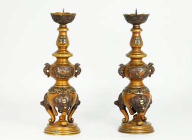 Japanese Cast Bronze Baluster Altar Candlesticks