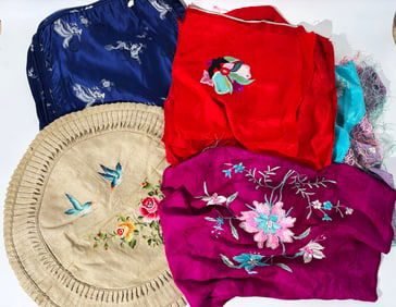 8 Chinese Embroidered Silks; 2 Pairs Pillow Cases