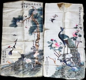 2 Chinese Silk Embroidery Panels on Organdy