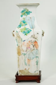 Chinese Artist Enameled Porcelain 4 Sided Vase