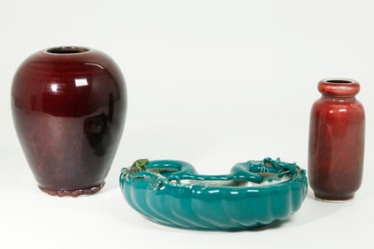 3 Chinese Monochrome Porcelains; 2 Vases & Washer