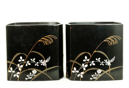 Pr Japanese Meiji Lacquer & Bronze Lined Hibachis