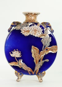 Japanese Taisho Satsuma Blue Moon Vase w Flowers