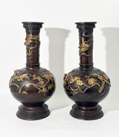 Lg Japanese Patinated Bronze Bird & Branch Vases