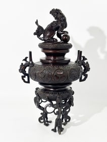 Japanese Meiji Bronze Incense Burner & Cover