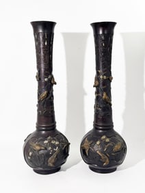 Lg Mirror Pr Japanese Patinated Bronze Tall Vases